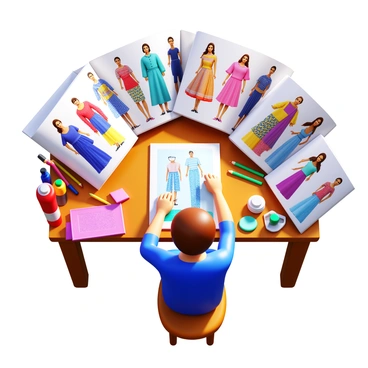 An illustrator sitting at a drafting table, surrounded by open fashion magazines. The table is cluttered with colorful sketches and art supplies, including pencils, markers, and paint. The illustrator is focused, with a pencil in hand, looking down at a page filled with vibrant clothing designs. The fashion magazines showcase a variety of outfits, ranging from elegant dresses to modern streetwear, with bold patterns and textures. Soft natural light filters through a nearby window, illuminating the workspace and creating shadows on the table. Characters in the fashion magazine appear in dynamic poses, showcasing the clothing in a captivating way.