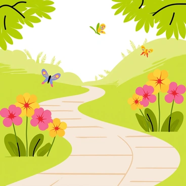 A winding pathway made of cobblestones meanders through a lush garden. On either side of the pathway, clusters of vibrant pink and yellow blooming primroses are in full bloom. The flowers have open petals and green leaves peeking out from the soil. Sunlight filters through the leaves of nearby trees, casting gentle shadows on the pathway. A few butterflies in colorful patterns flutter above the flowers, adding a lively touch to the scene.