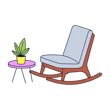 A sleek, minimalist rocking chair with a smooth wooden frame and a simple, cushioned seat upholstered in light gray fabric. The chair has gently curving rockers that blend seamlessly into the design. In the background, there are clean lines and minimal furniture pieces in a modern living room, featuring a small round coffee table next to the rocking chair. A potted plant in a ceramic pot sits on the floor beside the chair, adding a touch of greenery to the space.