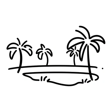 A minimalistic drawing of a desert oasis featuring several palm trees surrounding a small pond. The pond has a smooth surface reflecting the palm trees. The landscape includes a sandy ground, with a few patches of grass near the water's edge. The overall composition is set on a rectangular 30x20 board, emphasizing the simplicity of the oasis.