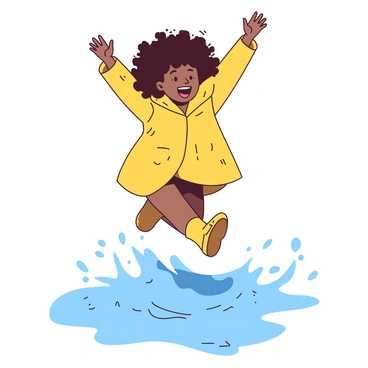A black girl with curly hair is joyfully jumping in a large puddle. She is wearing a bright yellow raincoat that shines against the gray sky and matching yellow rain boots. Water splashes up around her as she leaps, creating a dynamic scene of movement and excitement. Her arms are raised in delight, and there are small droplets of water glistening in the air around her.