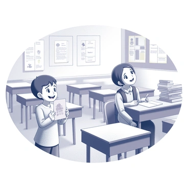 A classroom scene with several desks arranged in rows. In the foreground, a young child is standing, smiling brightly while holding a "handmade card" in both hands. The child is looking up at a teacher who is sitting at a desk, surprised and pleased. The teacher has short hair and is wearing glasses, with a warm expression on their face. Around the classroom, there are educational posters on the walls and books stacked on the desks, creating an engaging learning environment. The atmosphere reflects a moment of joy and appreciation.