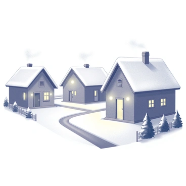 A quaint village scene is depicted, featuring small houses with sloped roofs blanketed in snow. Each house has a unique architectural design, with chimneys that puff out gentle wisps of smoke. Twinkling lights are strung along the rooftops, casting a soft glow across the white landscape. In the foreground, a snow-covered pathway winds through the village, lined with snow-dusted trees. The entire scene is set on a 10 by 15 board, emphasizing the charm of the winter village atmosphere.