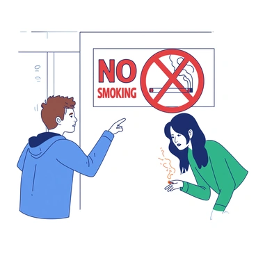 A person with short brown hair wearing a blue jacket is pointing at a large "No Smoking" sign that is prominently displayed on a white wall. The sign features a red prohibition symbol. Nearby, another person with long black hair wearing a green shirt is bending down to light a cigarette, with a small orange flame igniting at the tip of the cigarette. The expression on the person's face is focused as they prepare to smoke, while the individual pointing looks concerned.