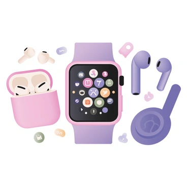 A digital flat illustration featuring a collection of different wearable technology products by Apple. The display includes a sleek "Apple Watch" with a customizable watch face showing various app icons, positioned prominently in the center. To the left, there is a pair of "AirPods" in their charging case, with one AirPod slightly lifted. To the right, a set of "AirPods Max" headphones is shown, with the ear cushions clearly defined. In the background, there are abstract representations of health and fitness icons, such as a heart rate monitor and activity rings. Each product is distinctively outlined, showcasing its design and features in detail.