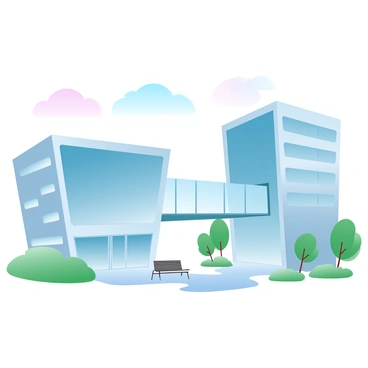 A modern office annex building with a sleek, angular design featuring large glass windows reflecting the surroundings. The annex is connected to the main structure by a transparent glass walkway, creating a seamless transition between the two buildings. The main structure is slightly taller and incorporates a mix of metal and glass elements. Surrounding the buildings are green landscaped areas with minimalistic benches and small trees, enhancing the contemporary look of the scene. The sky above exhibits a gradient of pastel colors, adding a soft ambiance to the illustration.