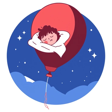 A red balloon is floating in a deep blue night sky, carrying a sleeping child nestled comfortably within its embrace. The child is wrapped in a soft, white blanket, their face relaxed and peaceful. Stars are scattered across the sky, twinkling brightly, while a soft moonlight casts a gentle glow over the scene. The balloon is tethered to the child by a thin white string, trailing down into the darkness below.
