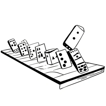 A series of domino tiles standing upright, beginning to fall one after another in a zigzag pattern across a wooden floor. The surface of the wooden floor shows distinct grain patterns and textures. Each domino tile features various designs, all arranged meticulously to create a clear visual path. The tiles are depicted mid-fall, capturing the moment of motion and tension in the arrangement. The environment has a sense of dynamic action as the falling tiles interact with each other in the sequence.