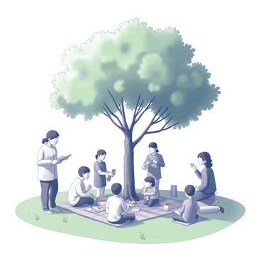 A park scene depicting a community gathering. Under a large tree, several adults are engaged in teaching activities. Some adults are sitting on a picnic blanket, encouraging children to participate in various learning games or arts and crafts. Other adults are standing, demonstrating skills or sharing stories with the children gathered around them. The atmosphere is lively, with children displaying curiosity and enthusiasm as they interact with the adults. Green grass covers the ground, and the large tree provides shade for the learners and teachers alike.