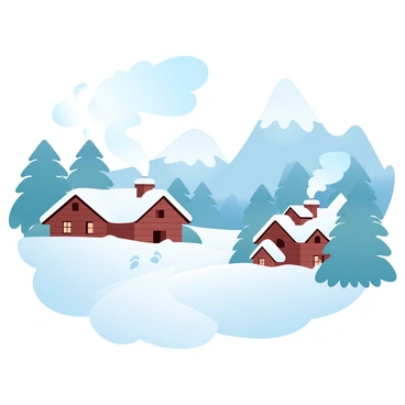 A snow-covered mountain village is nestled among tall, rugged peaks. Quaint wooden houses with sloped roofs are blanketed in a thick layer of white snow. Smoke is curling gently from the chimneys of the houses, creating soft wisps against the clear blue sky. Pine trees, heavy with snow, are scattered throughout the village, adding to the serene winter landscape. A winding path, marked by footprints, leads through the village, inviting exploration. In the distance, hints of more snow-capped mountains loom majestically.