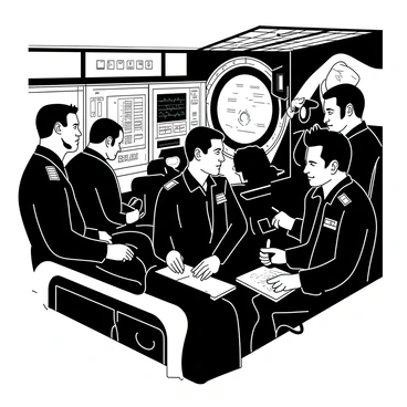 A group of six soldiers is seated inside the cramped control room of a submarine. Each soldier is wearing sleek, dark uniforms with various patches indicating their ranks. The walls of the submarine are lined with panels filled with buttons, dials, and screens, illuminated by a soft white light that casts shadows across their focused faces. One soldier is adjusting a large control lever, while another is intently watching a monitor displaying navigational data. The other soldiers are engaged in various tasks, one is taking notes on a clipboard, and another is communicating through a headset. The space is tight, with the metal framework of the submarine visibly surrounding them, and a small circular window shows the dark waters outside.