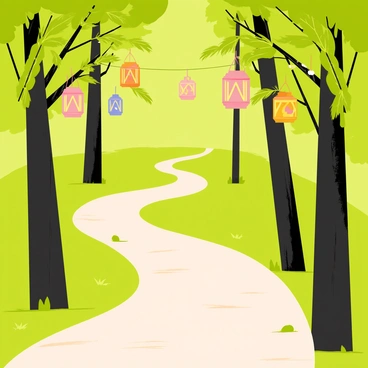 A winding forest path surrounded by tall green trees with a dense canopy. Boho-style lanterns in various colors and patterns are hanging from the branches, softly illuminating the path. The ground is covered in a mix of dirt and fallen leaves, while small patches of moss peek through. A gentle breeze rustles the leaves, creating a peaceful atmosphere along the path.
