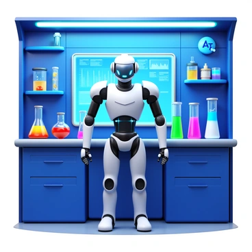 A sleek AI robot with a metallic finish is conducting experiments in a futuristic laboratory. The robot has articulated limbs and glowing blue accents. It stands in front of a high-tech workstation filled with advanced scientific equipment. Various glass containers with colorful liquids bubble gently, and a digital display shows complex data and graphs. The laboratory is illuminated by bright LED lights, and high-tech machinery surrounds the workspace, creating an atmosphere of innovation and discovery.
