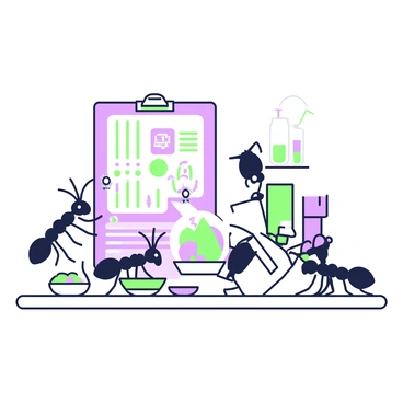 A group of ants is seen working diligently on a small research table. Each ant is examining tiny food samples placed on small dishes. The food samples include pieces of fruit and grains. Nearby, there are small charts on a clipboard that feature lines and graphs indicating nutritional values. Some ants are interacting with the charts, pointing with their antennae at different data points. In the background, there are miniature laboratory equipment like test tubes and a small microscope, enhancing the research atmosphere.