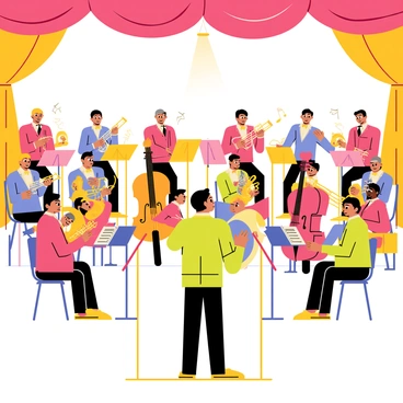 A lively orchestra is performing on a grand stage. Musicians are seated in rows, each playing different instruments, such as violins, cellos, trumpets, and a large drum. The conductor stands at the front, directing the performance with an enthusiastic expression. Colorful music stands hold sheet music in front of each musician. The stage is adorned with elegant curtains and spotlights illuminating the performers, creating a vibrant atmosphere.