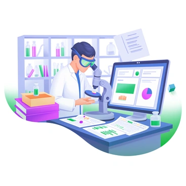 A forensic pathologist stands in a well-lit laboratory, focused on a specimen under a microscope. The pathologist is dressed in a white lab coat, with a pair of protective goggles resting on their forehead. Around them, a variety of medical evidence is neatly organized on a counter, including vials, slides, and instruments. Stacks of legal documents filled with charts and notes are scattered on a nearby table, some partially open to reveal detailed information. A computer screen displays a digital report with graphs and data, while a bookshelf in the background holds reference materials and case files.