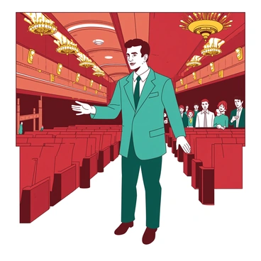 A teal usher in a classic uniform, complete with a tailored jacket and polished shoes, is standing in the aisle of a grand theater. The usher is gesturing toward the rows of plush red seats, directing a group of audience members. The theater is adorned with ornate gold detailing and features large, elegant chandeliers hanging from the ceiling. The soft glow of lights highlights the usher's friendly expression, as well as the excitement on the faces of the attendees as they make their way to their seats.