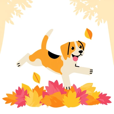 A beagle with a brown and white coat is joyfully jumping through a pile of colorful fall leaves. The leaves are a vibrant mix of orange, red, and yellow, creating a lively scene. The beagle's ears are flapping in the air as it leaps, and its eyes are bright with excitement. The background shows the soft, blurred outline of trees with more fall foliage, adding to the seasonal atmosphere. A few leaves are caught mid-air, showcasing the action of the jump.