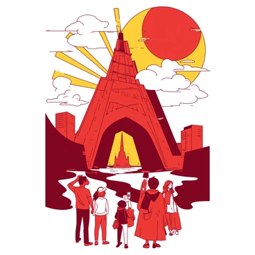 A red travel poster features a prominent famous landmark, surrounded by stylized scenery. The landmark stands tall at the center, with its intricate details highlighted in a contrasting white. In the foreground, there are vibrant silhouettes of people enjoying their visit, with some taking photographs. Above the landmark, a sunburst in yellow radiates outward, adding a sense of warmth and adventure to the scene. The sky is filled with fluffy white clouds, enhancing the uplifting feeling of travel and exploration.