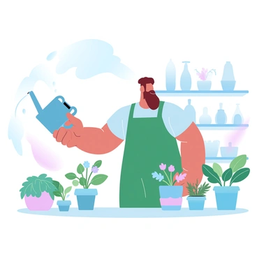 An employee is standing in a garden center, holding a watering can with water pouring out. The employee is wearing a green apron over a casual shirt and has a somewhat slumped posture. Around them, various plants in pots are neatly arranged, showcasing vibrant leaves and colorful flowers. The background features shelves filled with more plants and gardening supplies. A light mist of water is rising from the plants being watered, adding a refreshing touch to the scene.