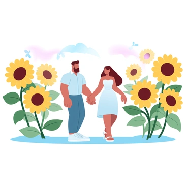 A man and a woman are holding hands while walking through a vast field filled with tall sunflowers. The sunflowers are vibrant yellow with large faces turned towards the sun. The couple is dressed casually, with the man in a light shirt and the woman in a flowing dress. Their hands are intertwined, and the sunlight casts a warm glow over the scene. A few butterflies can be seen fluttering above the sunflowers, adding to the lively atmosphere. A soft breeze moves through the field, creating gentle waves among the flowers.