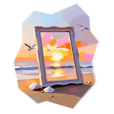 A lone picture frame, ornate and weathered, stands upright in the soft golden sand of a beach. The frame is empty, allowing the viewer's imagination to fill the void. The sun is setting on the horizon, casting warm hues of orange, pink, and purple across the sky. Gentle waves lap at the shore nearby, reflecting the vibrant colors of the sunset. A few seashells are scattered around the base of the frame, while distant silhouettes of seagulls glide across the sky, completing the tranquil scene.