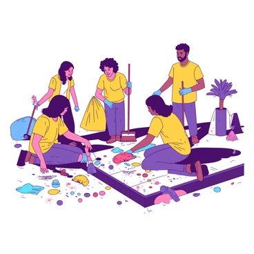 A group of volunteers is actively cleaning the streets that are covered with colorful remnants from the "dahi handi" festival. The volunteers are wearing bright yellow T-shirts and blue gloves, holding brooms and trash bags. The ground is scattered with vibrant pieces of paper and decorations in various colors, creating a vivid scene. Some volunteers are chatting while working, and a few are kneeling down to pick up remnants, showing teamwork and community spirit. Sunlight is illuminating the scene, casting shadows of the volunteers on the street.