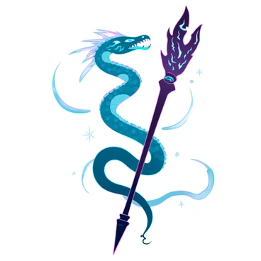 A magical serpent coiled tightly around a staff, its elongated body displaying scales that shimmer with iridescent, venomous colors. The serpent has glowing eyes that appear to pulse with energy, enhancing its mystical aura. The staff is crafted from dark, polished wood, adorned with intricate carvings and symbols that suggest ancient power. The surrounding atmosphere is filled with a faint, otherworldly glow, emphasizing the serpent's enchanting presence. Tiny sparks of light flicker around the serpent, adding to the sense of magic enveloping the scene.