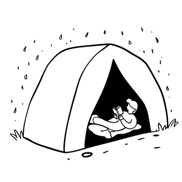 A black-and-white illustration of a tent with its fabric showing folds and creases, set up amid light rain with raindrops visibly falling around it. Inside the tent, there is a person reclining on a small mat, holding a book open in their hands. The book is slightly tilted, suggesting they are deeply engrossed in reading. The tent's entrance is partially open, allowing a glimpse of the rainy surroundings. Small puddles of water reflect the tent's shape on the ground outside.