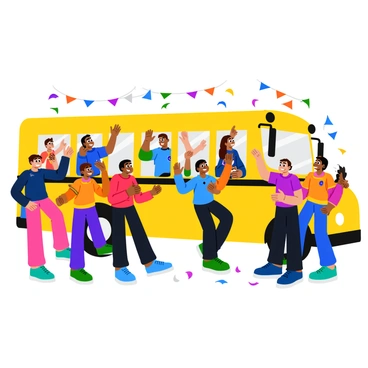 A school sports team of diverse students, wearing colorful jerseys with their team logo displayed prominently, are excitedly cheering inside a yellow school bus. Some students are standing with their arms raised, while others are clapping and smiling broadly. The bus windows are slightly fogged, capturing the warmth and energy of the moment. In the background, banners of the team's colors are hanging from the bus seats, and confetti is scattered on the floor, reflecting their recent victory. The scene is filled with joy and celebration.