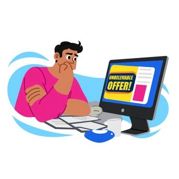A person with a furrowed brow and crossed arms is sitting at a desk, looking skeptical. They are glancing at a computer screen displaying a colorful and flashy online advertisement. The advertisement features bold text claiming "Unbelievable Offer!" in bright yellow letters. The person's expression conveys doubt and suspicion, with their head slightly tilted. The background includes scattered papers and a coffee mug, adding to the scene's context.