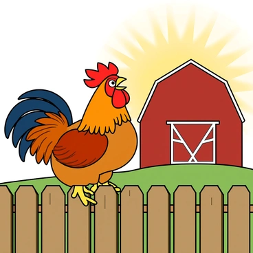 A colorful rooster with bright red plumage and a golden beak is perched atop a weathered wooden fence. The rooster's feathers are ruffled as it crows, its wings slightly spread and tail feathers fanned out. In the background, a large red barn with a white door stands under a clear sky. The first light of dawn casts a warm golden glow, illuminating the barn's surface and creating soft shadows. Golden rays of sun are radiating from behind the barn, adding a touch of brightness to the early morning scene.