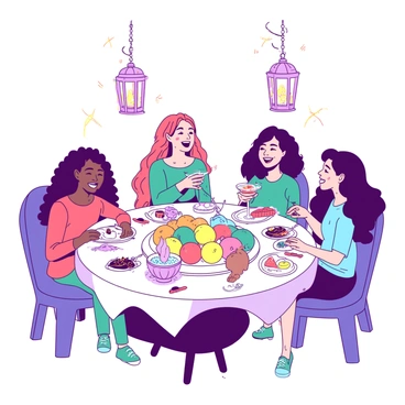 A vibrant scene depicting "Meg" sitting at a large, round table surrounded by her friends, all enjoying a festive feast. The table is laden with "magical foods" that include glowing fruits in shades of yellow and teal, sparkling pastries, and colorful desserts. Each friend has a unique treat in front of them, like a shimmering cake or a whimsical drink in an ornate glass. The atmosphere is lively, with laughter and joy as they share stories. Above them, there are floating lanterns casting a soft glow on the scene, enhancing the magical ambiance of the feast.