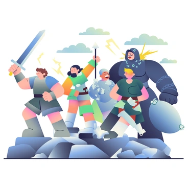 A group of four heroes stands firmly on a rocky terrain, ready for battle. The first hero, a tall warrior with short brown hair, wields a massive sword that gleams under the sunlight. The second hero is a female archer with long black hair, wearing a green tunic, drawing an arrow from her quiver. The third hero, a mage with silver robes and glowing blue runes, raises his staff towards the sky, summoning magical energy. The last hero, a shield-bearer clad in heavy armor with a blue shield, positions himself protectively in front of the others. 

Facing them, a monstrous creature with dark scales and multiple eyes roars, revealing sharp teeth. Flanking the monster are two smaller creatures with jagged claws and menacing postures. The sky is filled with dark clouds, adding to the intensity of the scene, while flashes of lightning illuminate the battleground.