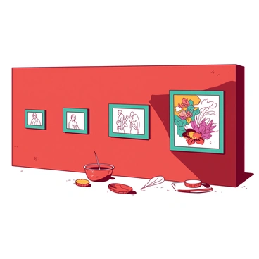 A red wall is covered with a series of sketches showcasing an artist's evolution over time. Each sketch is framed in a contrasting teal border. The first sketch, at the left, is a simple line drawing, depicting a figure in a minimalist style. Moving right, the second sketch features a more detailed figure with bold outlines and additional shading. The third sketch transitions into a vibrant, expressive style filled with color, presenting a lively scene. At the far right, the final sketch exhibits a refined, intricate artwork that demonstrates the artist's mastery and developed technique. Each sketch reflects a unique period in the artist's journey, illustrating growth and exploration.