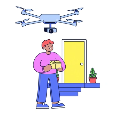 A delivery drone with a sleek, compact design is hovering just above a doorstep. The drone has four propellers and a small compartment for carrying packages. Below it, a smiling customer stands on the porch, wearing a casual shirt. The customer has their arms outstretched, ready to receive a small cardboard package that is being lowered by the drone. The door behind the customer is painted in a bright color, and small plants are placed on either side of the porch.