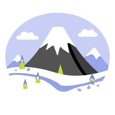 A snow-capped volcano with a pointed peak dominates the center of the image. The volcano’s slopes are covered in white snow, contrasting against the dark volcanic rock. Surrounding the volcano, a winter landscape spreads out, featuring white snow blanketing the ground. The foreground includes small snow-covered trees and patches of ice. In the background, there are distant mountains also capped with snow. Above, a clear blue sky fills the top of the image, with a few fluffy white clouds scattered across.