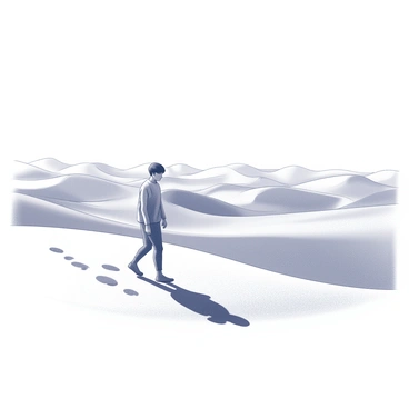 A person walking across a vast desert landscape. The sun casts strong shadows as the figure moves forward, leaving imprints in the soft, shifting sand. In the background, numerous sand dunes rise and fall, forming gentle waves. The sky is expansive and clear, emphasizing the isolation of the scene. Around the person's feet, sand grains begin to scatter and flow, symbolizing the passage of time. The person's posture suggests a sense of determination, despite the arduous trek.