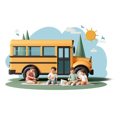 A mini school bus, painted in bright yellow with black accents, is parked at a picnic area surrounded by green grass and tall trees. The bus has its doors open, inviting children to exit. A group of four children, two boys and two girls, is sitting on picnic blankets spread on the grass. One girl, wearing a red t-shirt and blue shorts, is laughing while holding a sandwich. A boy in a green t-shirt and khaki shorts is pouring juice into plastic cups. Another girl in a blue dress is sharing a bag of chips with a boy in a white t-shirt and orange shorts. The sun is shining brightly, casting warm light over the scene, while birds can be seen flying in the clear blue sky.