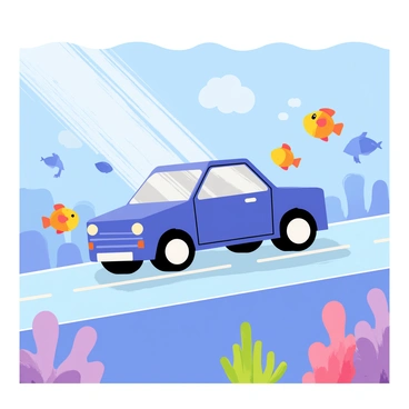 An express car driving along an underwater road with colorful fish swimming around