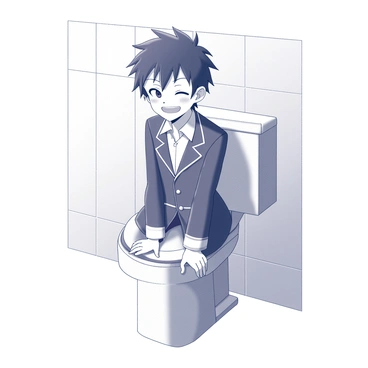 Hanako-kun sitting atop a toilet, flashing a mischievous smile