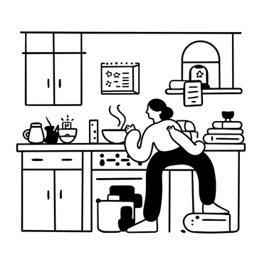 A kitchen with wooden cabinets and a countertop cluttered with various items. A person is positioned near the stove, carefully preparing a warm compress by soaking a cloth in a bowl filled with hot water. A kettle is steaming nearby, and a small dish of essential oils sits next to a stack of folded towels. On the wall, there are colorful recipe cards hanging in the background. A window shows a hint of sunlight filtering through, casting shadows on the kitchen items.