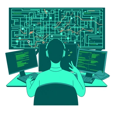 A teal hacker is intensely focused, sitting in front of multiple screens displaying streams of green code. Surrounding the hacker is a vast digital labyrinth made up of neon blue circuit patterns and grids. Bright orange lines weave through the maze, representing possible escape routes. The hacker's fingers are poised above the keyboard, ready to make a move. In the background, fragmented symbols and numbers float and swirl, enhancing the complexity of the scene. The atmosphere is tense as the hacker searches for a way out of the intricate digital structure.