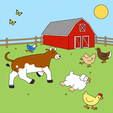A bright barnyard scene filled with various animals playing together. A cheerful brown and white spotted cow is joyfully chasing a fluffy white sheep that is bounding playfully across the green grass. Nearby, a small yellow duckling waddles excitedly, flapping its tiny wings as it tries to keep up. A group of colorful chickens clucks happily while pecking at the ground. In the background, a wooden barn painted red stands under a clear blue sky with the sun shining brightly. A few colorful butterflies flutter around, adding to the cheerful atmosphere of the barnyard.