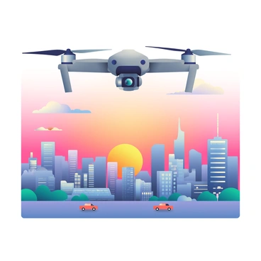 A drone with sleek black and silver design is hovering in the air. Below it, a vibrant city skyline stretches out, filled with tall buildings of varying heights, some with glass facades reflecting the warm hues of the setting sun. The sky is painted in shades of orange, pink, and purple as the sun sets on the horizon. The city appears alive, with tiny vehicles moving on the roads and lights beginning to illuminate the buildings. In the foreground, the drone's camera lens is focused towards the cityscape, capturing the bustling activity and the beautiful sunset.