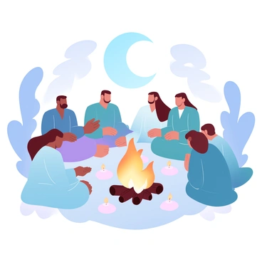 A serene scene unfolds under a dark night sky. In the center, a group of figures is engaged in a ritual around a small fire, with flames gently flickering. They are wearing flowing robes, each in different shades of deep blue and purple, adding to the night’s ambiance. Surrounding them are scattered candles that cast a soft glow. The new moon is positioned overhead, casting a subtle, subdued light on the gathering. Shadows dance around the figures, and the atmosphere is filled with a sense of calm and unity.