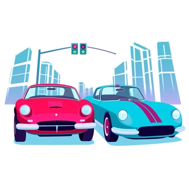 Two classic sports cars, one red with a sleek, aerodynamic design and chrome accents, and the other blue featuring bold racing stripes and a polished finish, are lined up side by side at a traffic light. The red car has round headlights glowing brightly, while the blue car displays a powerful stance with its low profile. The traffic light above them is changing from red to green, signaling the start of their race. The street is adorned with modern buildings reflecting the cars' vibrant colors, and a few onlookers can be seen in the background, eagerly anticipating the race.