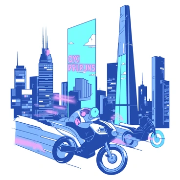 A duotone illustration of a futuristic cityscape featuring tall, sleek skyscrapers reaching towards the sky. Flying bikes with aerodynamic designs are zipping between the buildings, leaving trails of light as they move swiftly. The skyline is adorned with glowing neon signs and digital displays, enhancing the high-tech ambiance. The scene captures a sense of movement and energy as the bikes navigate the urban environment.