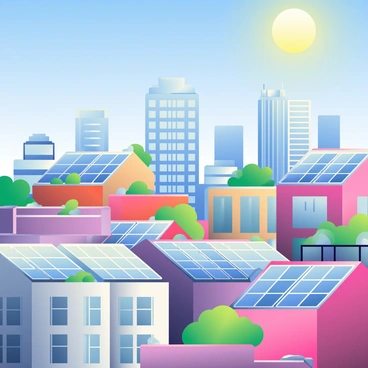 A vibrant cityscape features numerous rooftops adorned with solar panels glistening in the sunlight. The buildings vary in height and design, showcasing a mix of modern and classic architecture. The solar panels are positioned at different angles, reflecting the bright sunlight above. In the background, the skyline is punctuated by a few tall skyscrapers, while the foreground is filled with smaller buildings that display greenery on their terraces. The sky is a clear blue, enhancing the overall brightness of the scene.