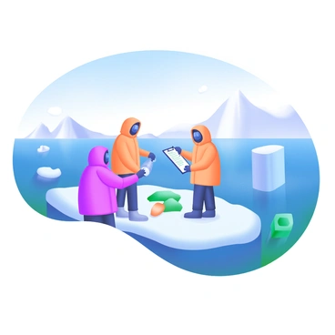 A scene depicting "scientists in parkas" diligently taking samples on an "ice floe." The scientists are wearing brightly colored parkas, with one holding a sample container while another notes data on a clipboard. Surrounding the ice floe, there is a vast expanse of "blue sea" merging into a clear "sky." Some icebergs are visible in the background, adding to the icy landscape. The sunlight glimmers off the water, creating a bright and crisp atmosphere.